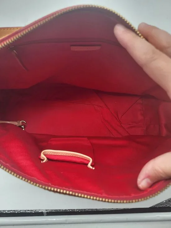 Dooney & Bourke Blue Denim Logo Brocade Shoulder Bag Brown Leather Red Interior - Picture 13 of 13